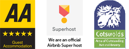 AA 5 star logo, Air B&B Superhost, Cotswolds logo